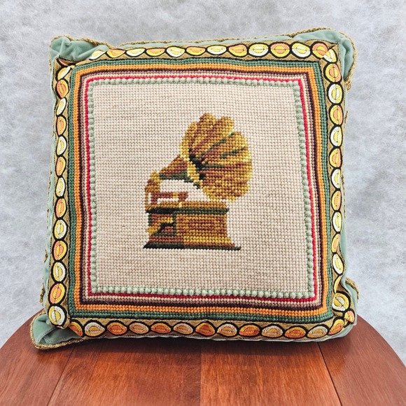 Vintage Needlepoint Gramophone Pillow Green Velvet Trim Tapestry Accent Decor - Picture 1 of 6